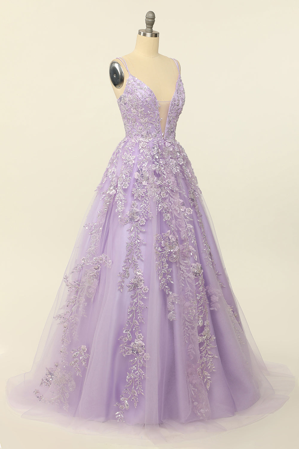 Luolandi Purple Spaghetti Straps Prom Dress With Appliques V-neck Floor Length Beautiful