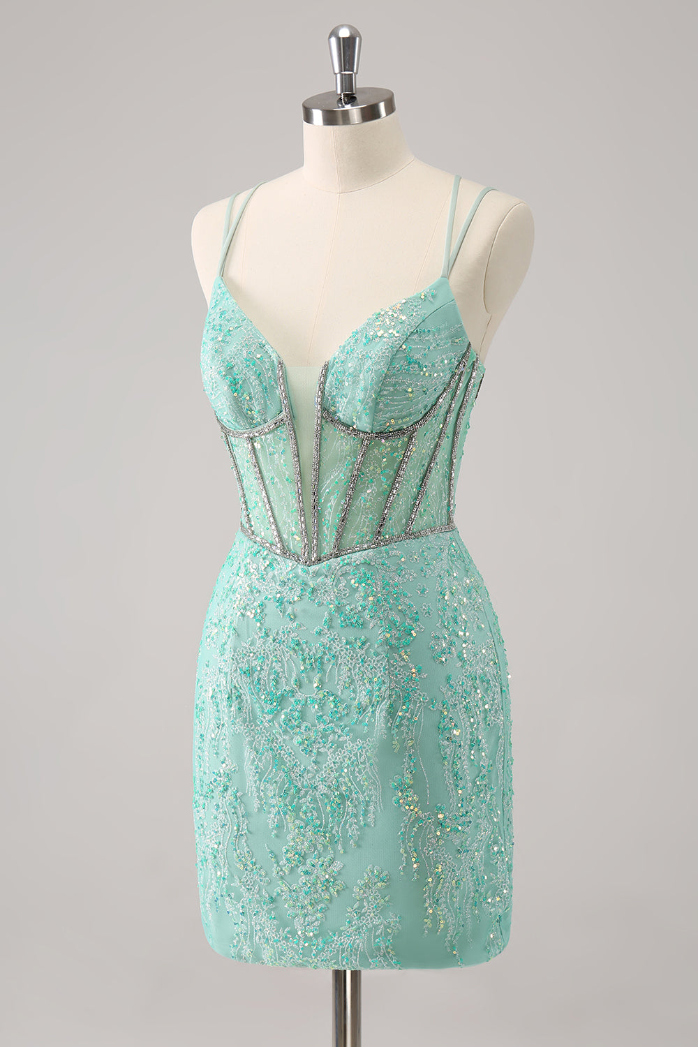 Luolandi Glitter Dark Green Corset Spaghetti Straps Short Tight Homecoming Dresses Sparkly Party Dress