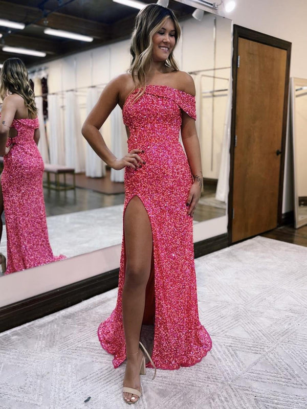 Luolandi Glitter Mermaid One Shoulder Pink Long Prom Dress With Slit Sparkly Evening Dress