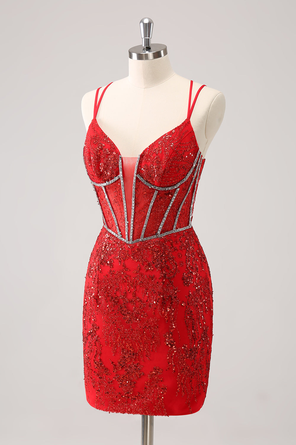 Luolandi Glitter Dark Green Corset Spaghetti Straps Short Tight Homecoming Dresses Sparkly Party Dress