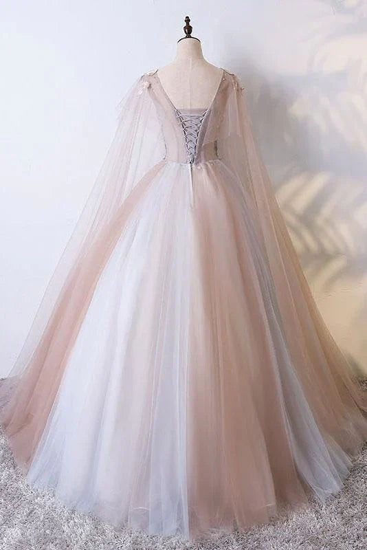 Luolandi Ball Gown V Neck Tulle Appliques Floor Length Quinceanera Dress Prom Dress Beautiful
