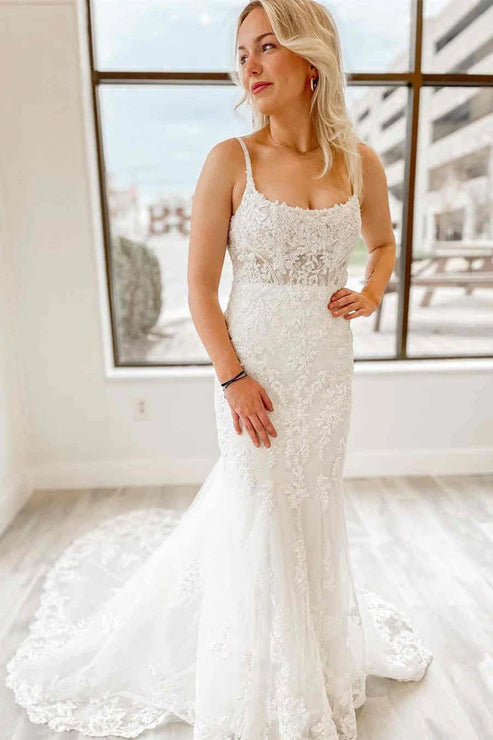 Luolandi Mermaid Long Bridal Dress with Appliques Open Back Beautiful