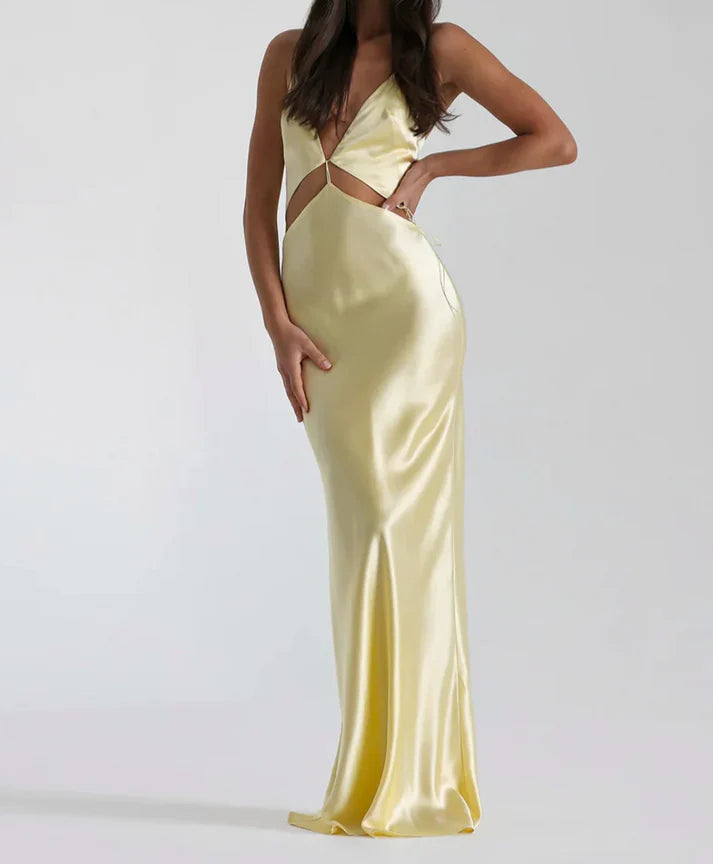 Luolandi Hot Pink V Neck Backless Simple Satin Long Party Dress Sexy Evening Dress Formal Dress