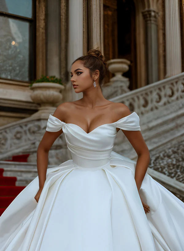 Luolandi Luxury Satin Wedding Dresses With Ruffle Off Shoulder Floor Length Elegant