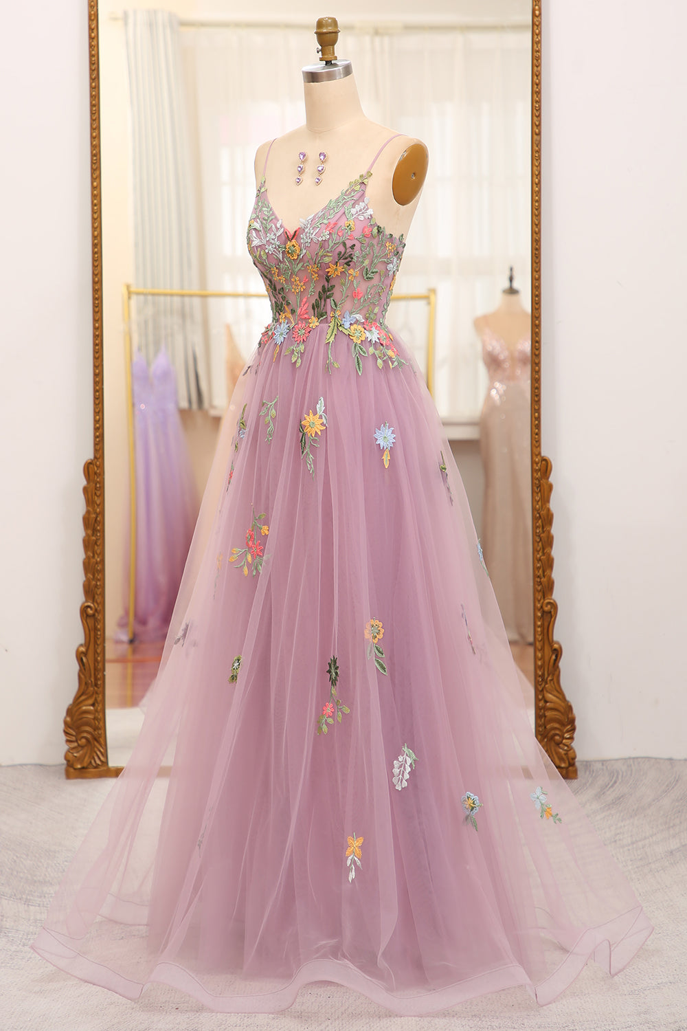 Luolandi Mauve A Line Tulle Beaded Appliques Long Prom Dress With Embroidery Beautiful