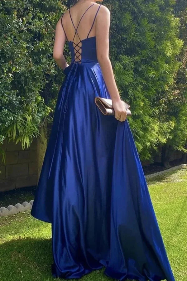 Luolandi Royal Blue Long Back Lace Thin Shoulder Strap Prom Dress Party Dress