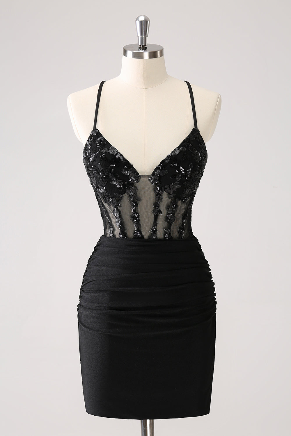 Luolandi Sparkly Unique Black Tight Spaghetti Straps Sequin Homecoming Dress with Lace Up Back Sexy Party Dress