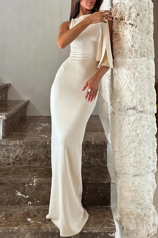 Luolandi Elegant solid color patchwork diagonal collar prom dress Evening Party Dress