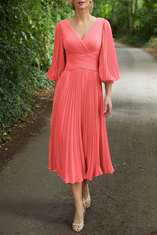 Luolandi A-line V-neck 3/4 sleeve plus size tea length mother of the bride dress Solid Color