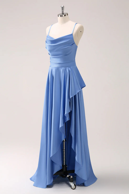 Luolandi Blue Cowl Neck Satin Asymmetrical Bridesmaid Dress with Slit Party Dress