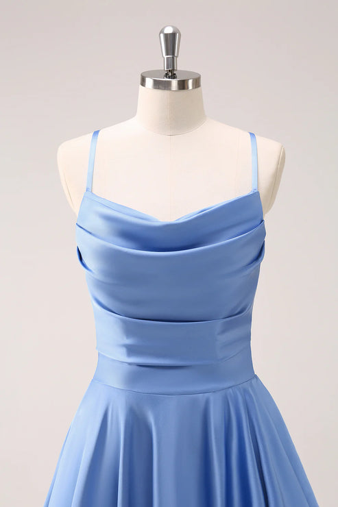 Luolandi Blue Cowl Neck Satin Asymmetrical Bridesmaid Dress with Slit Party Dress
