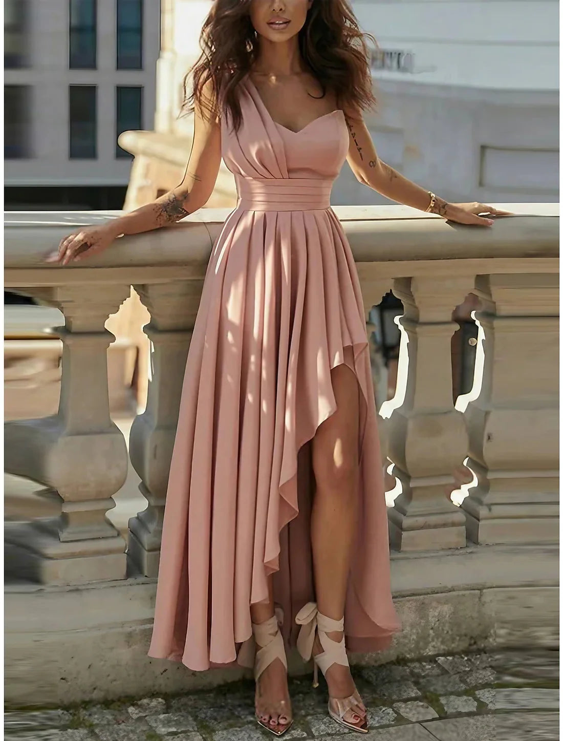 Luolandi Women's Party Dress Homecoming Dress Wedding Guest Dress Long Dress Maxi Dress Pink Sleeveless Pure Color Pleated Summer Spring One Shoulder
