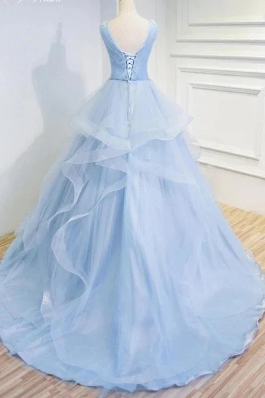 Luolandi Tulle V Neck Sleeveless Prom Appliques Long Quinceanera Dress Sky Blue Beautiful