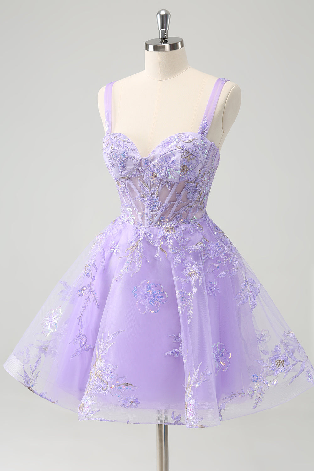 Luolandi Sparkly Lilac A Line Spaghetti Straps Sequins Corset Short Appliqued Homecoming Dress Party Dress