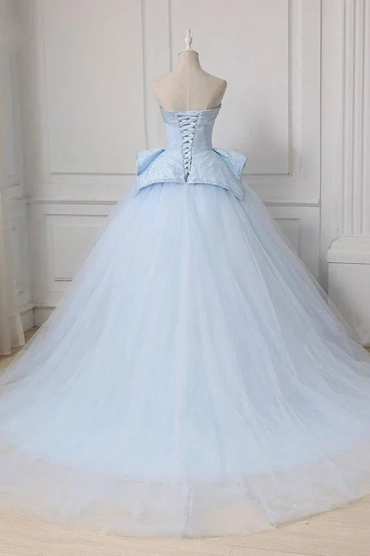 Luolandi Tulle Sweetheart Ball Gown Beading Prom Sweep Train Quinceanera Dress Sky Blue