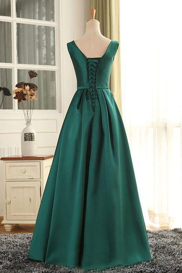 Luolandi Scoop Satin Long Prom Dress A Line Floor Length Dark Green Evening Dress
