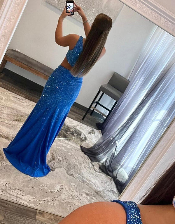 Luolandi One Shoulder Royal Blue Prom Dress with Split Sparkly Evening Dress Party Dress