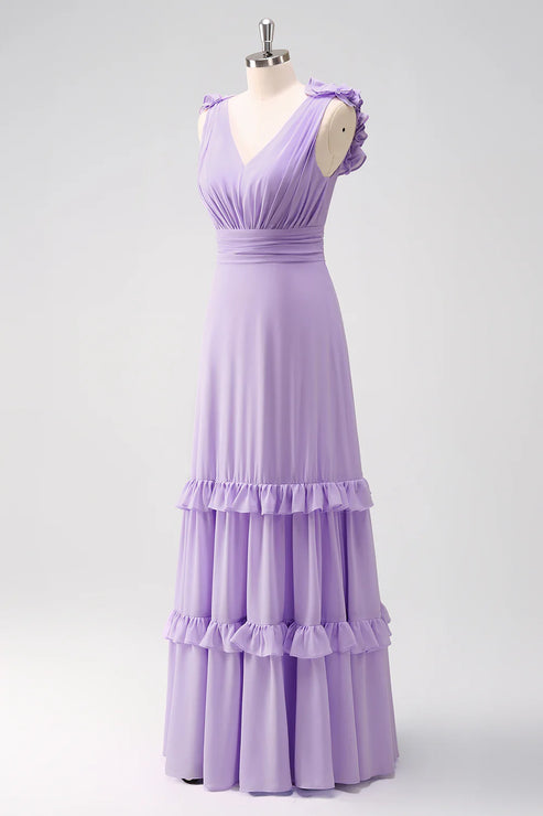 Luolandi Lilac Chiffon A-Line Ruched Bridesmaid Dress with Ruffles Solid Color Floor Length