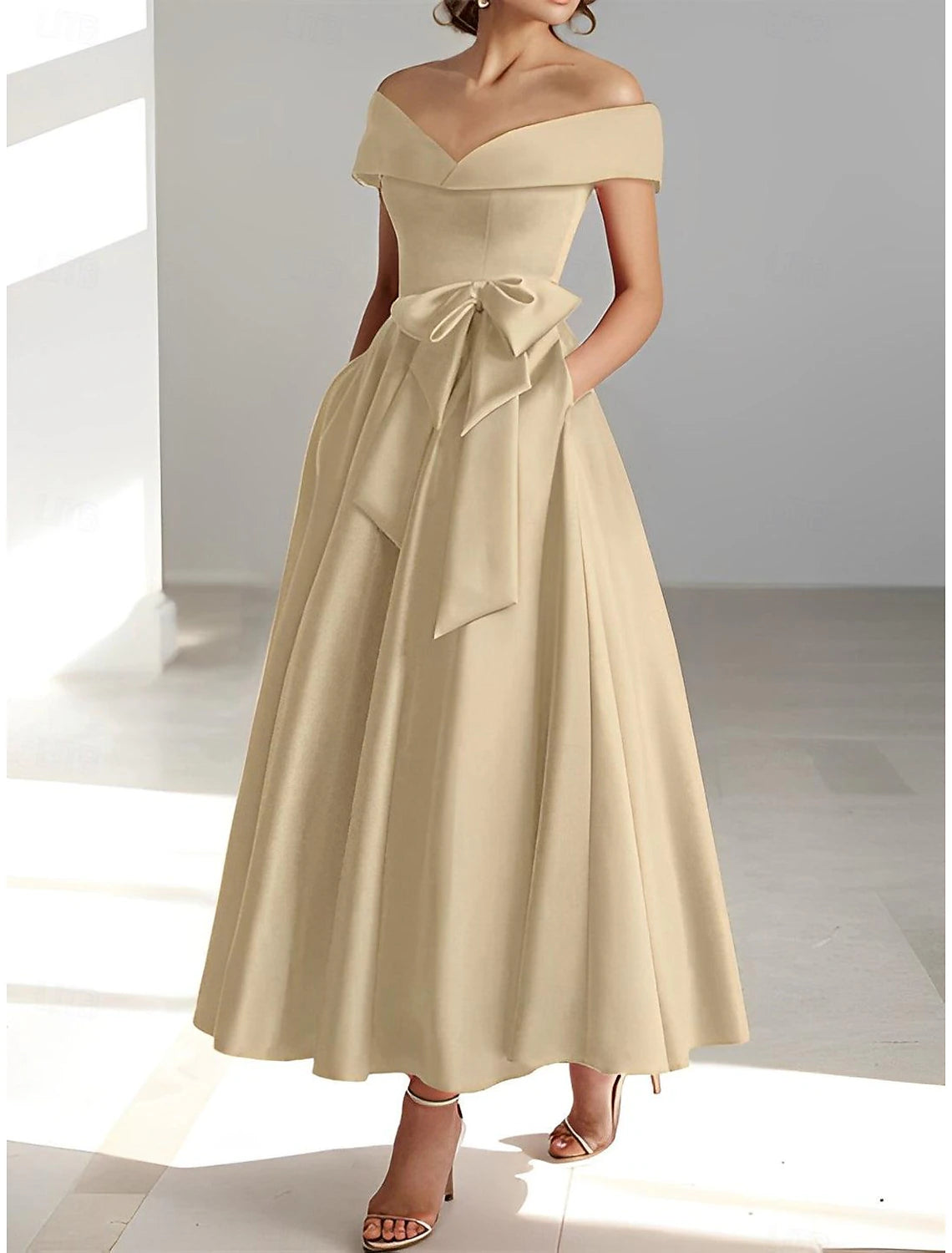 Luolandi A-Line Wedding Guest Dress Elegant Dress Semi-formal Dress Tea Length Short Sleeve Off Shoulder Pocket Satin with Bow(s) Evening Dress