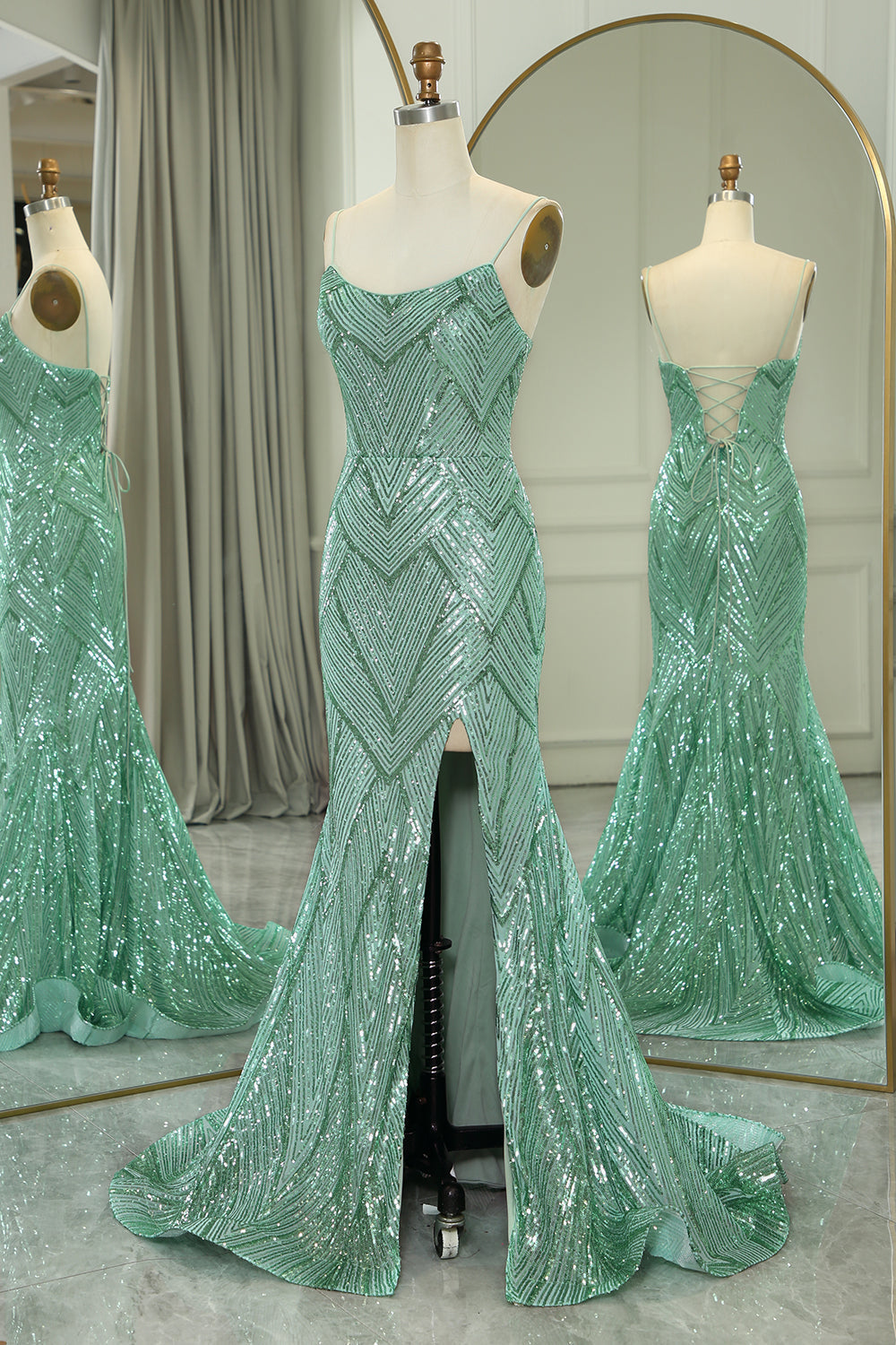 Luolandi Sparkly Green Mermaid Spaghetti Straps Long Prom Dress With Slit Evening Dress