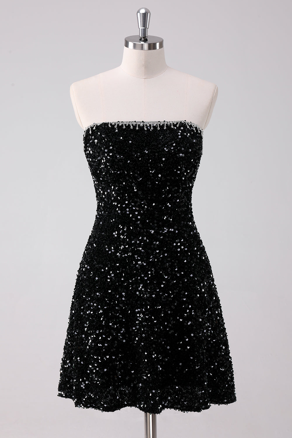 Luolandi Sparkly Black A Line Strapless Short Homecoming Dress with Sequins Off Shoulder Party Dress