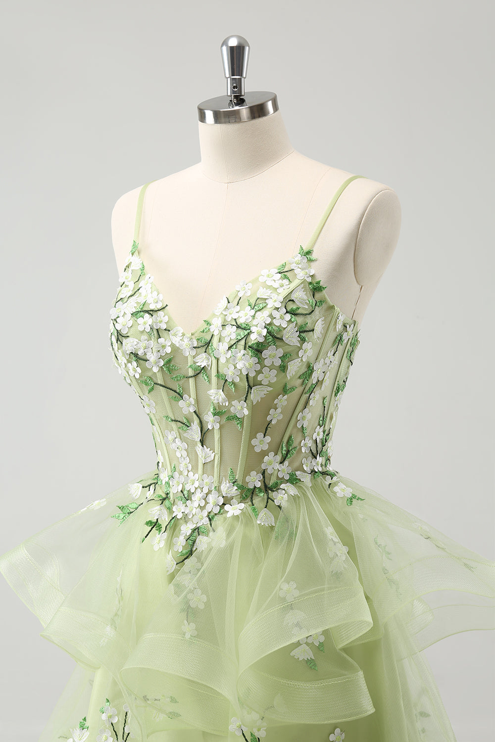 Luolandi Floral Light Green A Line Spaghetti Straps Corset Short Homecoming Dress with Appliqued Flowers