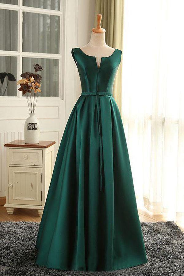 Luolandi Scoop Satin Long Prom Dress A Line Floor Length Dark Green Evening Dress
