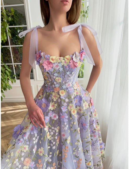 Luolandi A-Line Prom Dresses Wedding Guest Summer Tea Length Sleeveless Scoop Neck Bridesmaid Dress Tulle Party Dress Homecoming Dress with Flowers