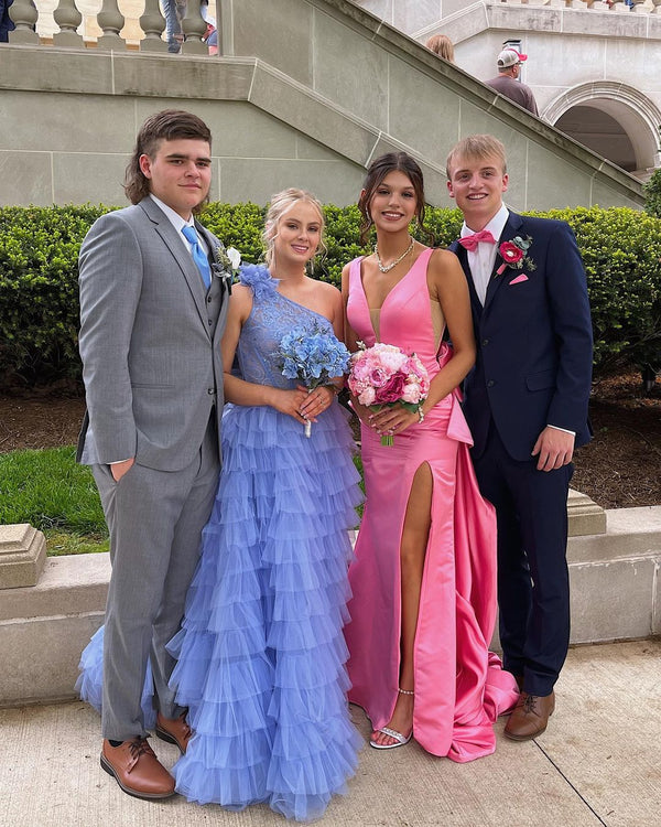 Luolandi Cute Mermaid V Neck Pink Satin Long Prom Dresses with Big Bow Sexy Evening Dress