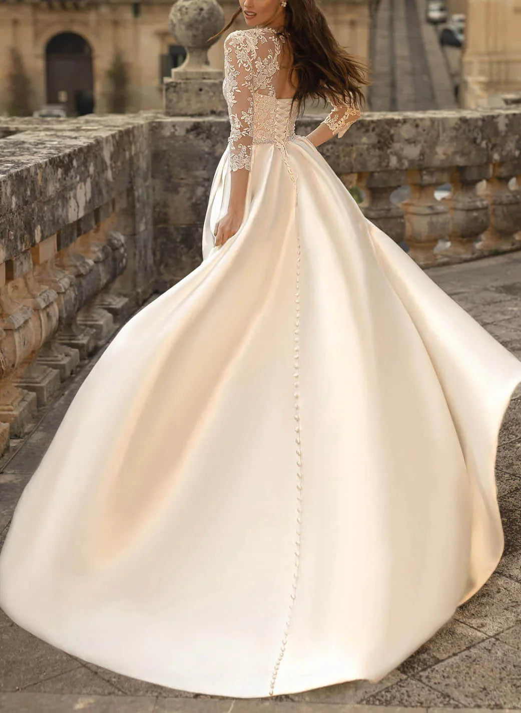 Luolandi Ball-Gown Satin Wedding Dresses With Classic Lace Sleeves Floor Length Elegant