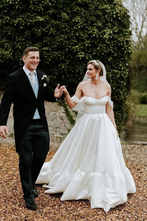 Luolandi A-Line Satin Off the Shoulder Wedding Dresses Solid Color Elegant