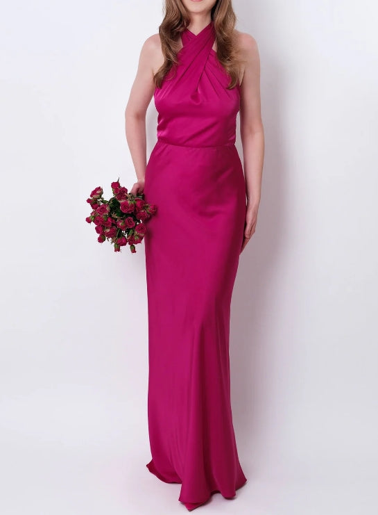 Luolandi Fuschia Silk Satin Long Halter Open Back Bridesmaid Dress Wedding Guest Dress Evening Dress Party Dress
