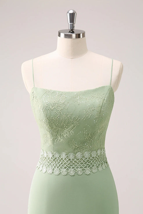 Luolandi Green Floral Rufffled Chiffon Bridesmaid Dress with Lace Floor Length Party Dress