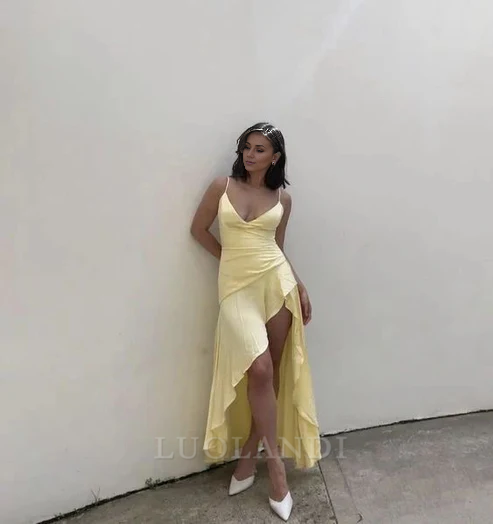 Luolandi Yellow V-neck High-Low Spaghetti Straps Prom Dress Charming Evening Party Dress Formal Dress