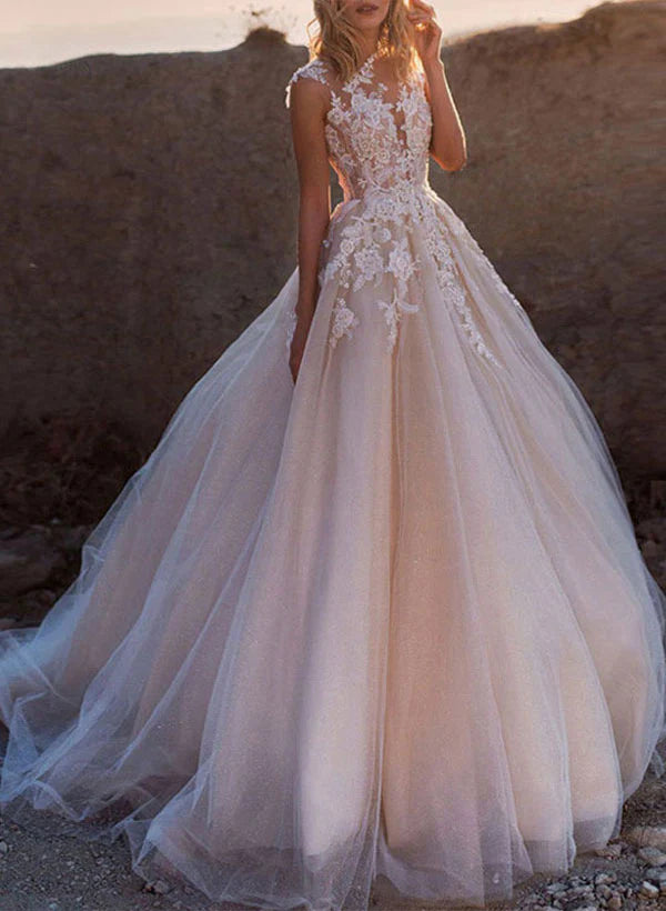 Luolandi Pink Wedding Dresses With Train Appliques Lace A Line Sleeveless Floor Length Elegant
