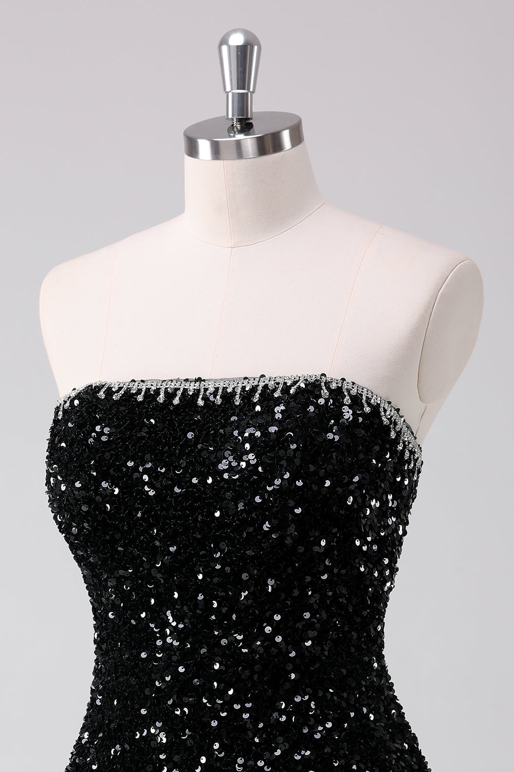 Luolandi Sparkly Black A Line Strapless Short Homecoming Dress with Sequins Off Shoulder Party Dress