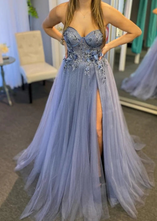 Luolandi Tulle 3D Floral Lace Sweetheart A-Line Prom Dress with Slit Sexy Evening Dress