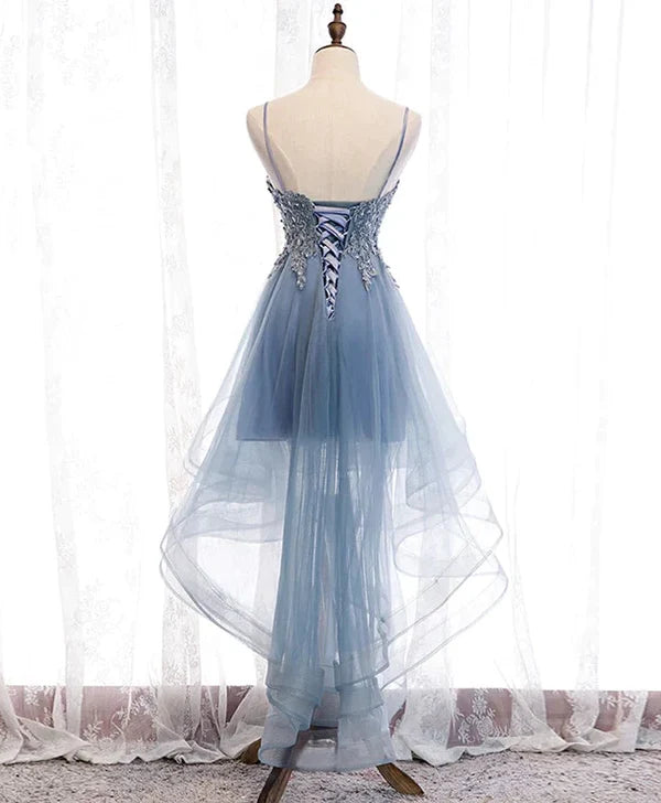 Luolandi Blue High Low Tulle V-neckline Straps Party Dress with Lace Cute Homecoming Dress Beautiful