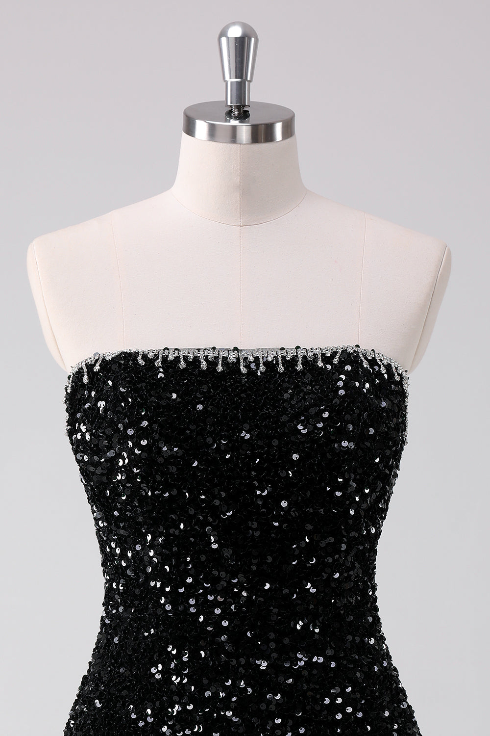Luolandi Sparkly Black A Line Strapless Short Homecoming Dress with Sequins Off Shoulder Party Dress