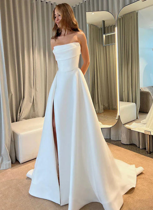 Luolandi Ball-Gown Strapless Sleeveless Sweep Train Satin Wedding Dresses With Split Front Sexy