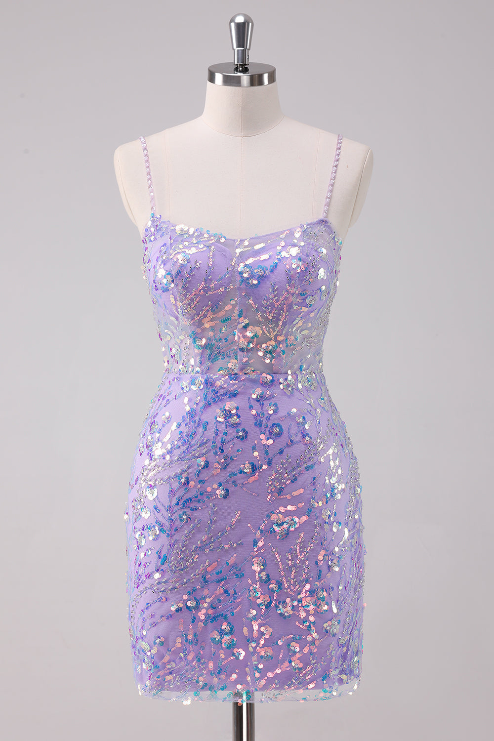 Luolandi Sparkly Purple Bodycon Spaghetti Straps Short Homecoming Dress with Sequins Party Dress