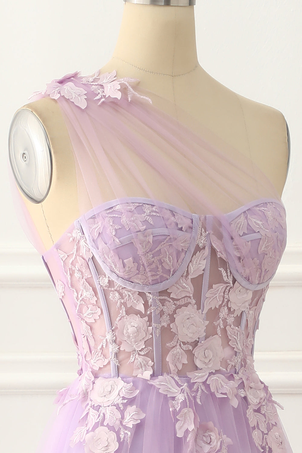 Luolandi Sky Blue Tulle A-Line One Shoulder Prom Dress With Appliques Floor Length Beautiful