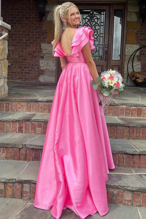 Luolandi Hot Pink V-Neck Ruffle A-Line Long Prom Dress Sexy Evening Dress Party Dress With Slit