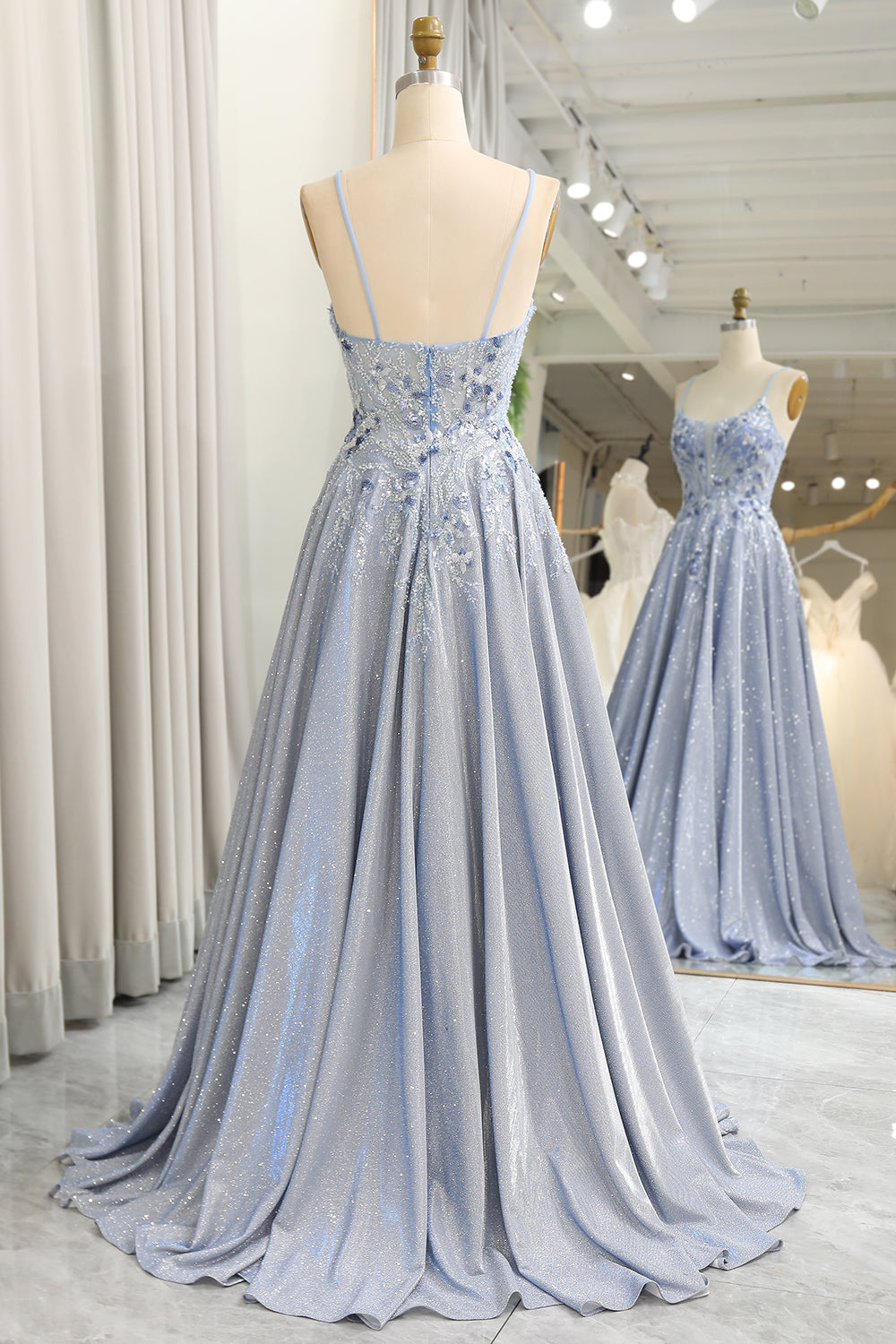 Luolandi Glitter Grey Blue A-Line Spaghetti Straps Long Prom Dress With Appliques Sparkly