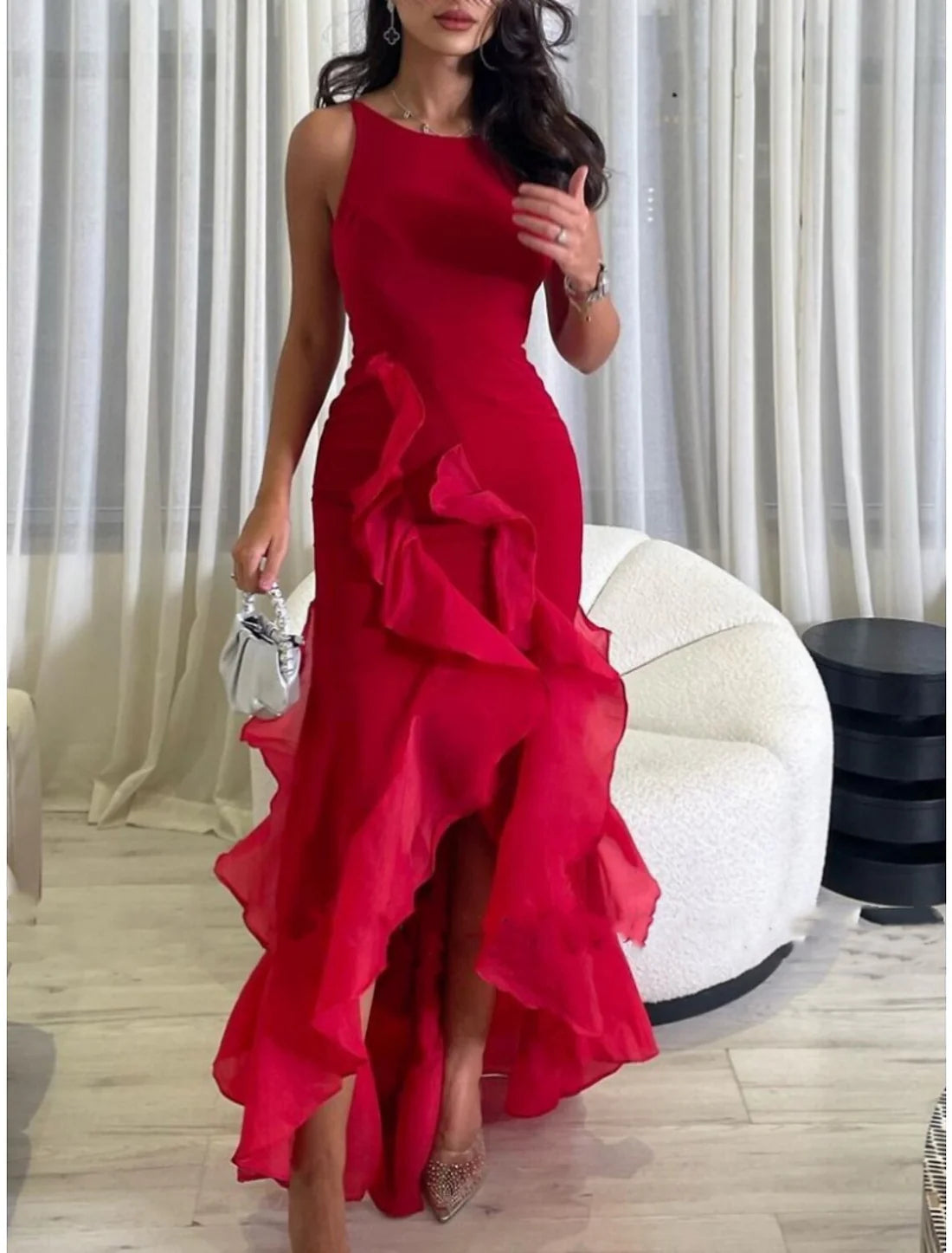 Luolandi A-Line Evening Gown Elegant Dress Formal Ankle Length Christmas Red Green Dress Sleeveless Scoop Neck Chiffon with Ruffles