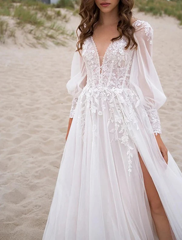 Luolandi Beach Boho Wedding Dresses A-Line V Neck Long Sleeve Court Train Lace Bridal Gowns With Appliques Split