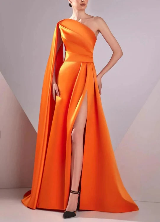 Luolandi A-Line Evening Gown Sleeveless One Shoulder Pocket Satin with Ruched Slit Elegant