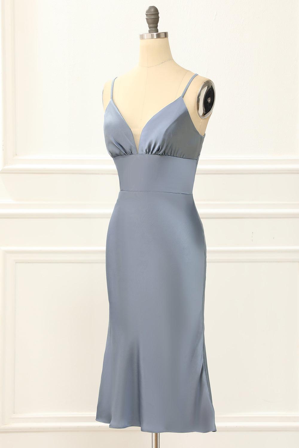 Luolandi Grey Blue Satin Spaghetti Straps Short Bridesmaid Dress Sexy Party Dress