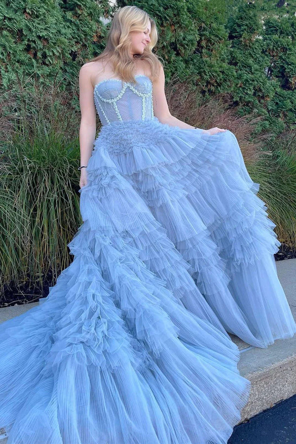 Luolandi Princess Blue Strapless Tiered Tulle Prom Gown Off Shoulder Long Prom Dress