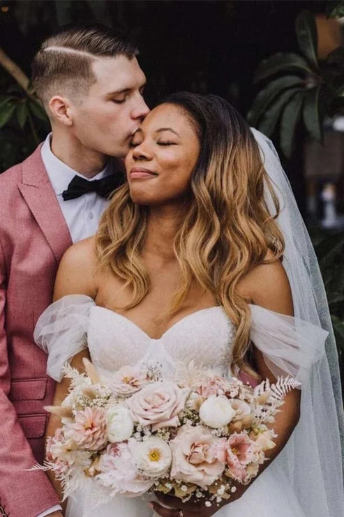 Luolandi A-Line Wedding Dresses Detachable Long Puff Sleeve Off Shoulder Floor Length Sexy